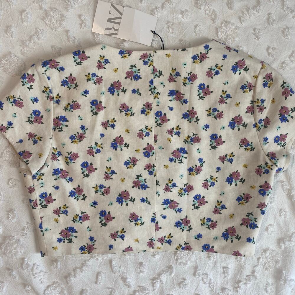 ZARA Floral Crop Top Womens Sz Medium Square Neck Linen Blend Cottagecore - Picture 3 of 5